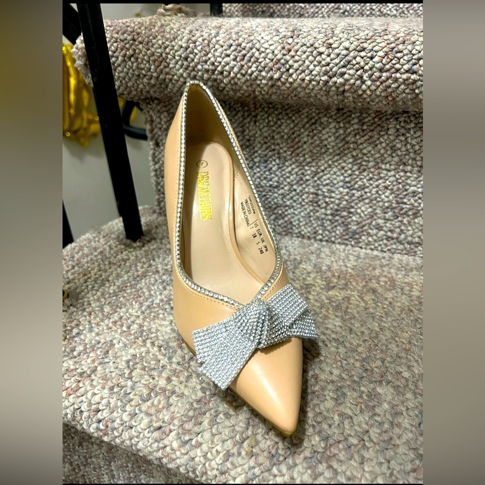 Nude Rhinestone Bow Heels